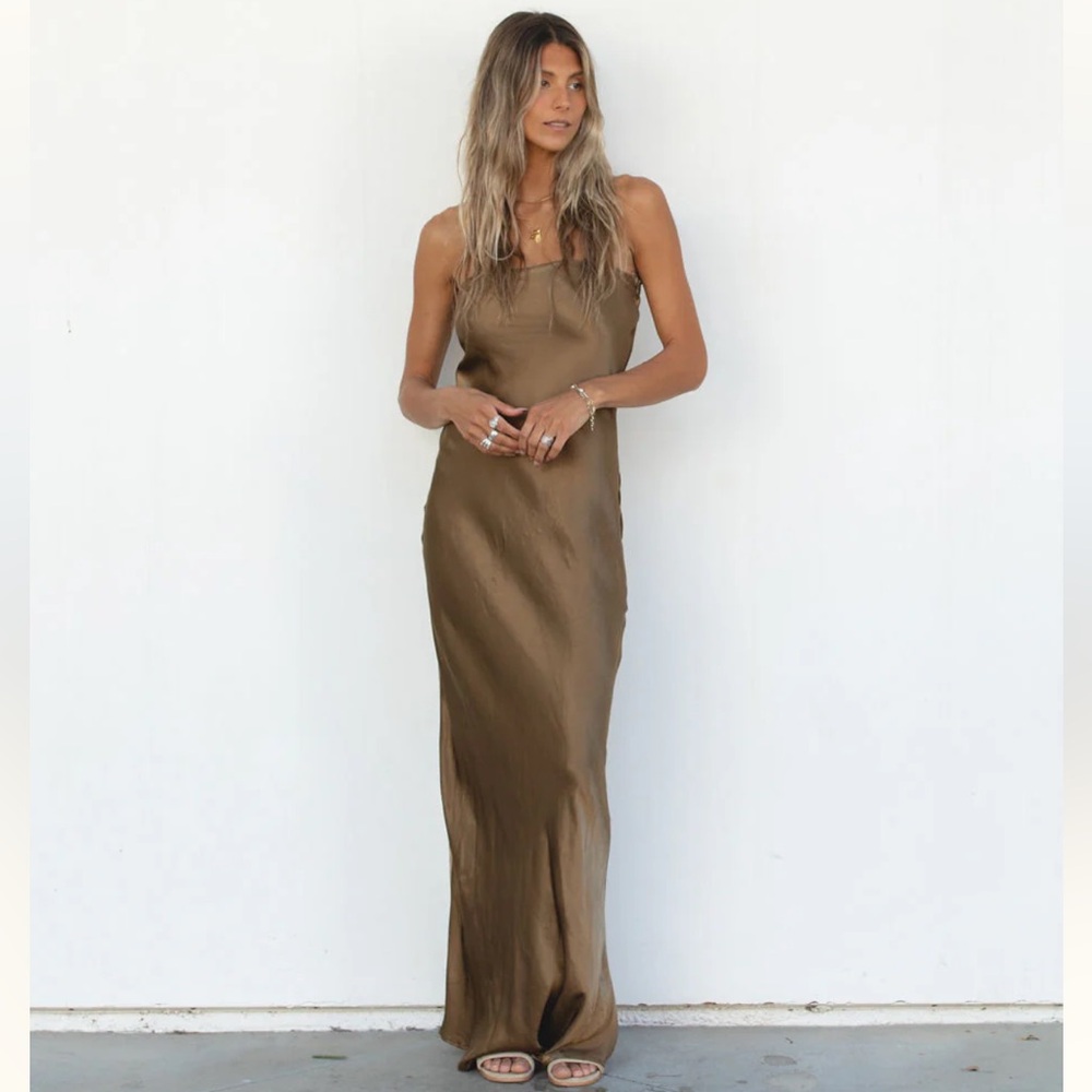 Bronze Satin Strapless Maxi Dress